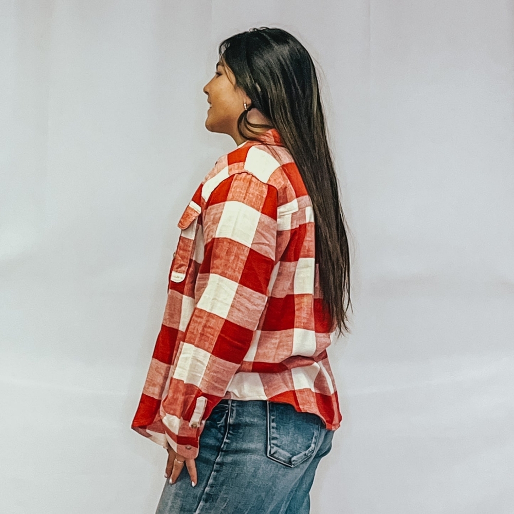 Red & Cream Plaid Button-Up Shacket - Picture 2 of 3